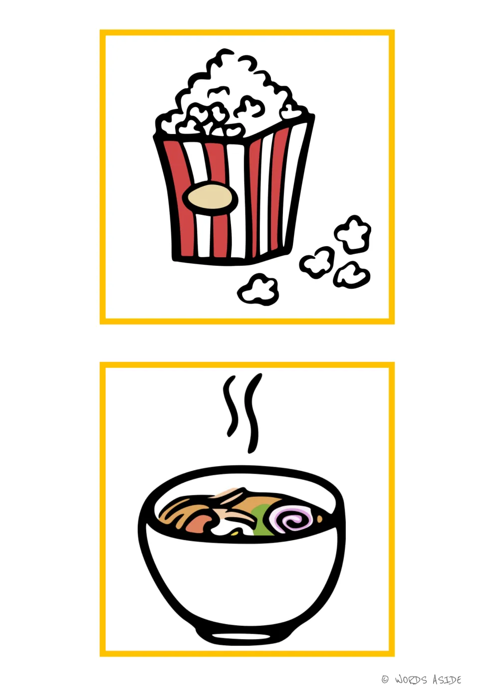 Food vocabulary flashcards 13–14: popcorn in a striped carton and a steaming bowl of soup, without labels