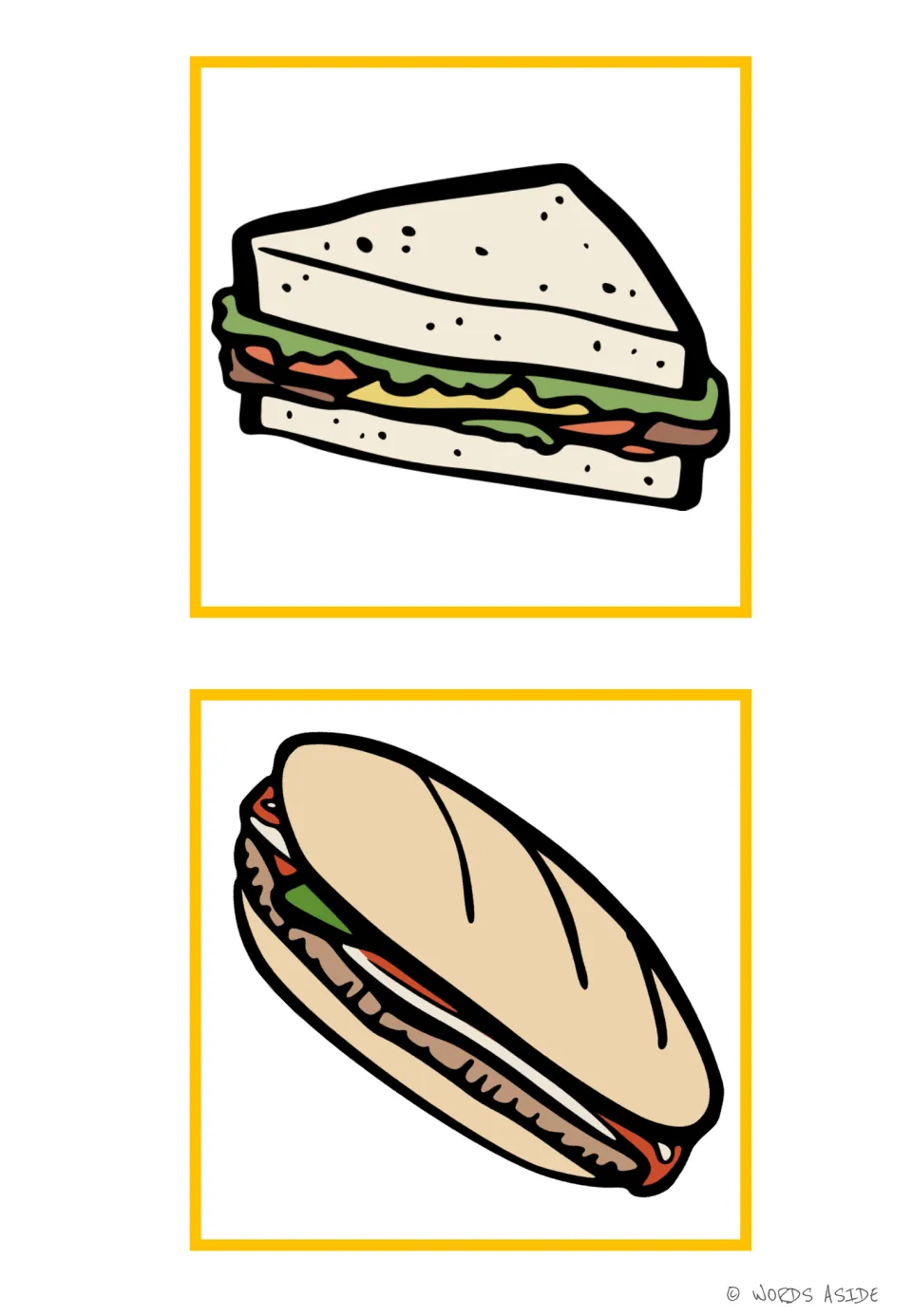 Food vocabulary flashcards 15–16: a triangular sandwich and a sub sandwich, shown in color without labels