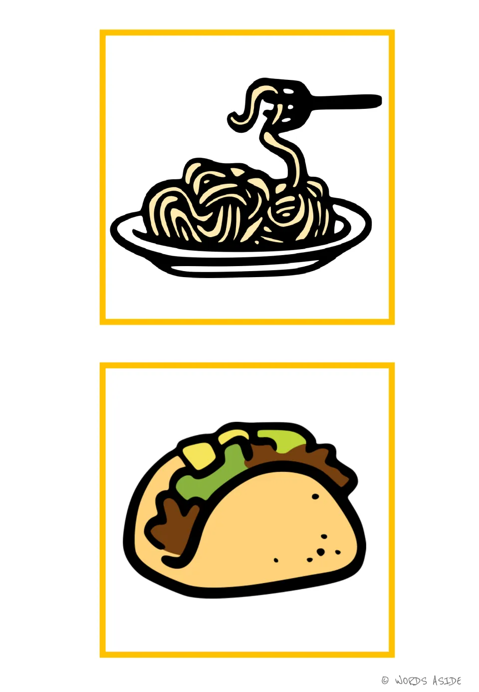 Food vocabulary flashcards 17–18: spaghetti on a plate with a fork and a filled taco, without word labels