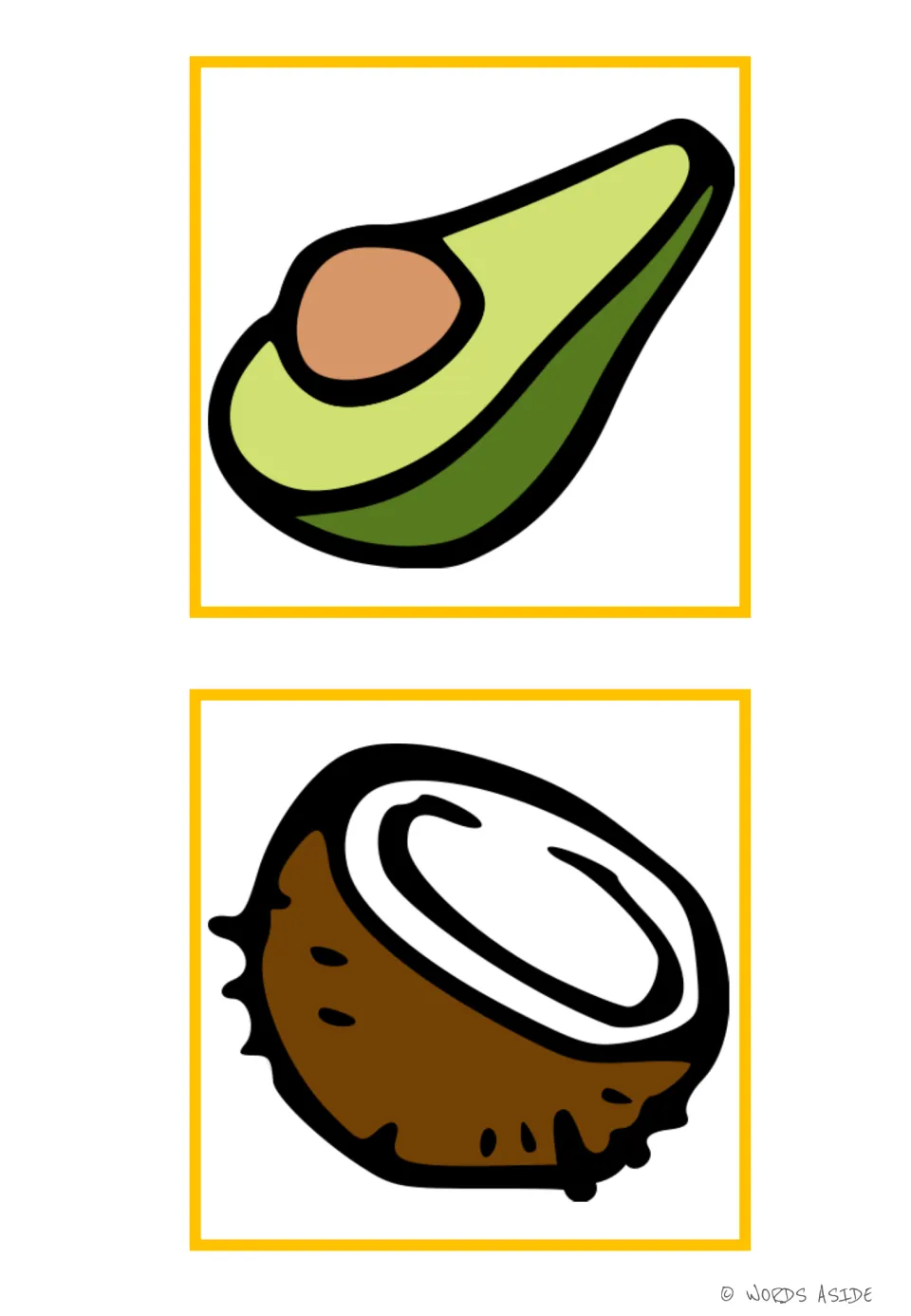 Fruit vocabulary flashcards 1–2 show an avocado half with its pit and a coconut half with white flesh.