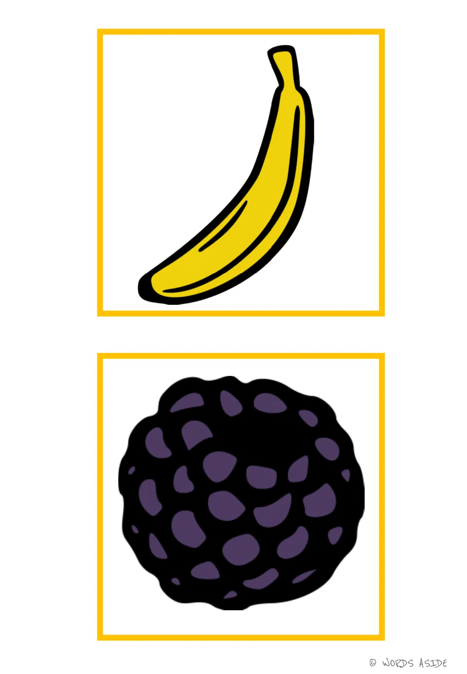 Fruit vocabulary flashcards 3–4 show a yellow banana and a dark purple blackberry for oral vocabulary practice.