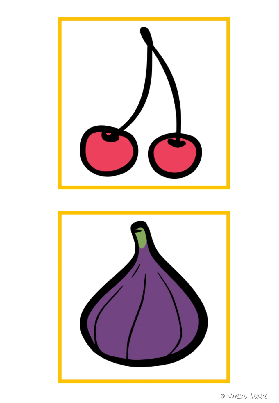 Fruit vocabulary flashcards 5–6 show two red cherries joined by stems and a purple fig with a green tip.