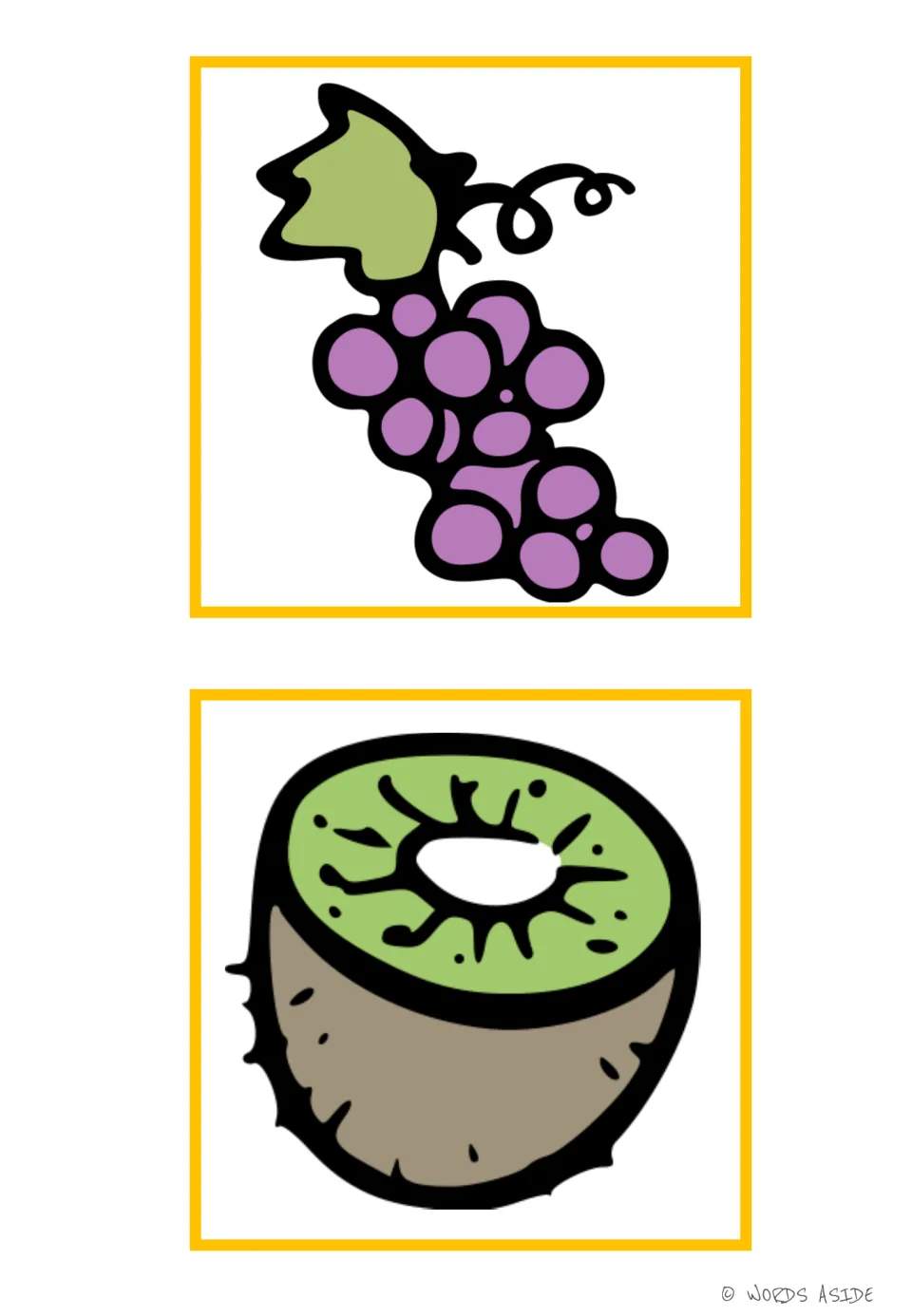 Fruit vocabulary flashcards 7–8 show a bunch of purple grapes and a kiwi half with green flesh and seeds.