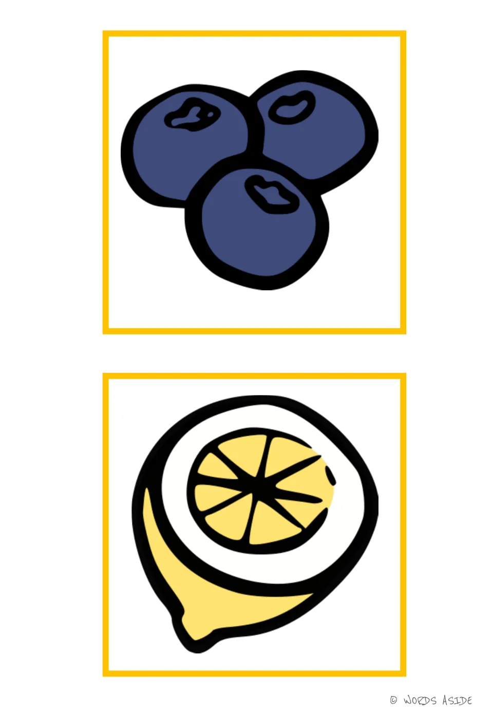 Fruit vocabulary flashcards 9–10 show three blueberries and a cut lemon with its yellow segments visible.