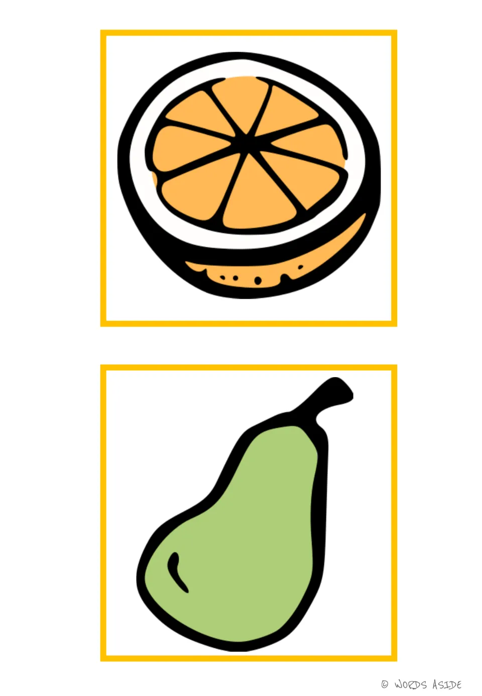 Fruit vocabulary flashcards 11–12 show an orange half with visible segments and a whole green pear with a stem.