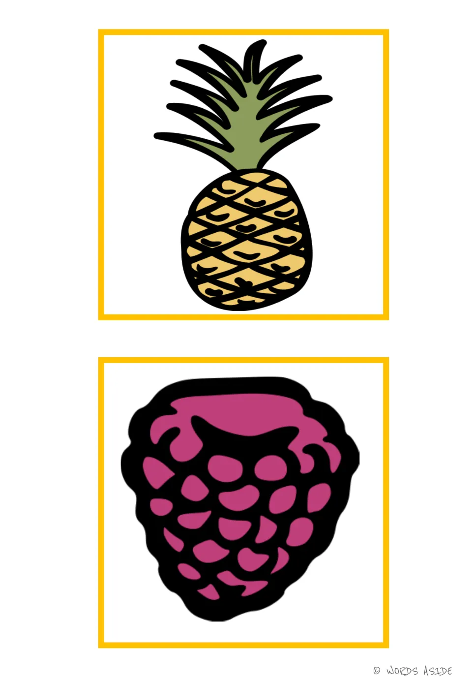 Fruit vocabulary flashcards 13–14 show a pineapple with green leaves and a raspberry for oral vocabulary practice.
