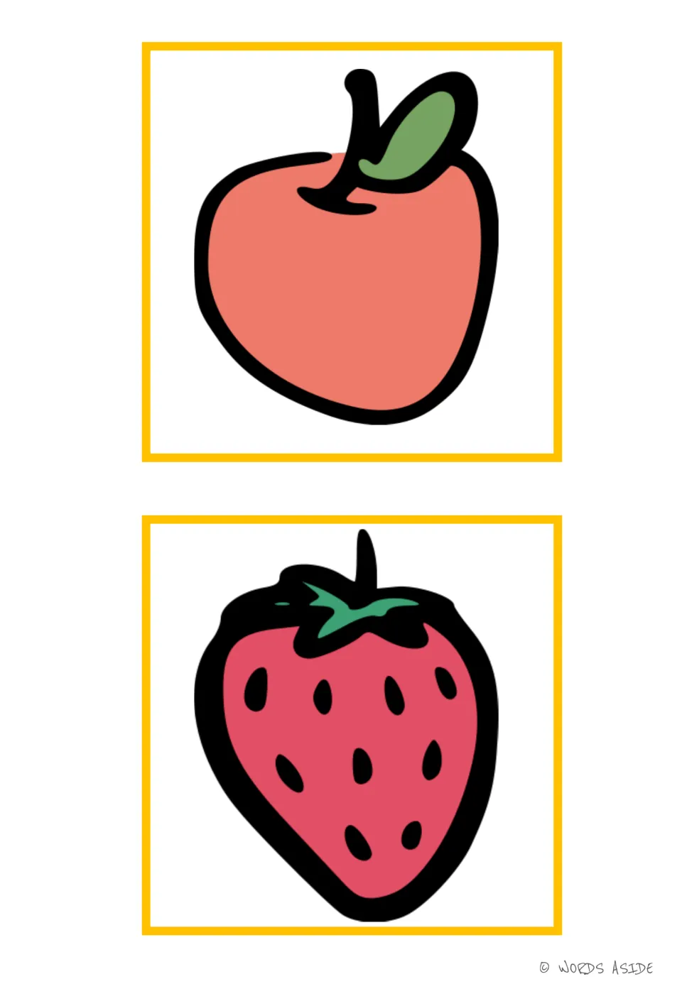 Fruit vocabulary flashcards 15–16 show a red apple with a leaf and a strawberry with seeds and a green top.