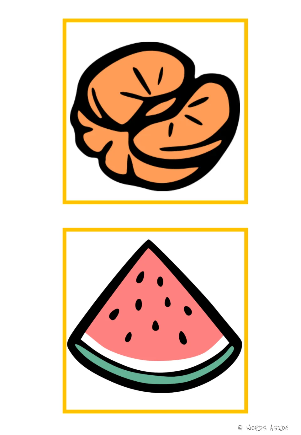 Fruit vocabulary flashcards 17–18 show peeled citrus segments and a watermelon slice with seeds and green rind.