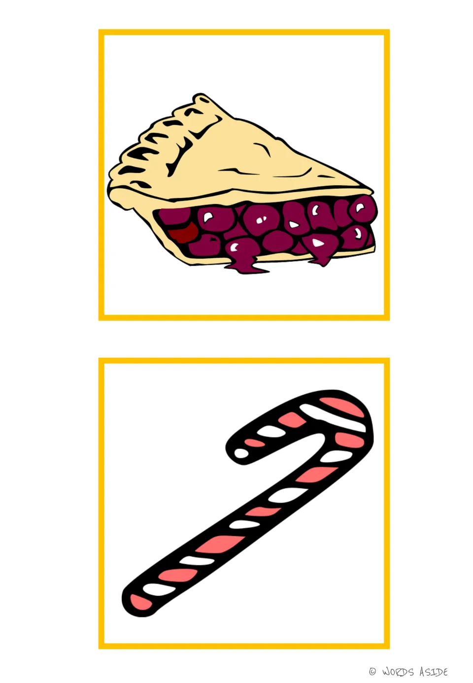 Sweets vocabulary picture cards 1–2 show a slice of fruit pie and a candy cane for oral language practice.