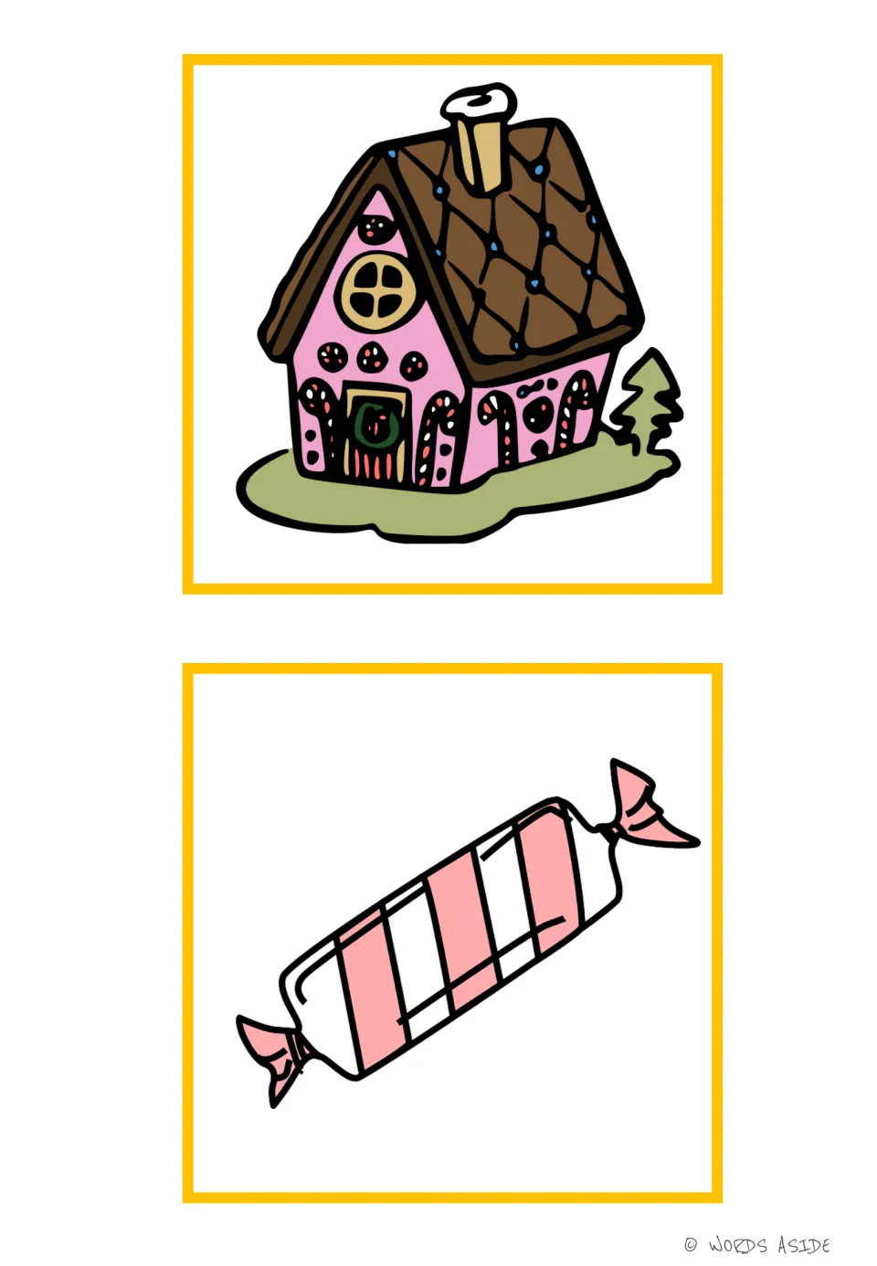 Sweets vocabulary picture cards 3–4 show a decorated gingerbread house and a piece of wrapped candy.