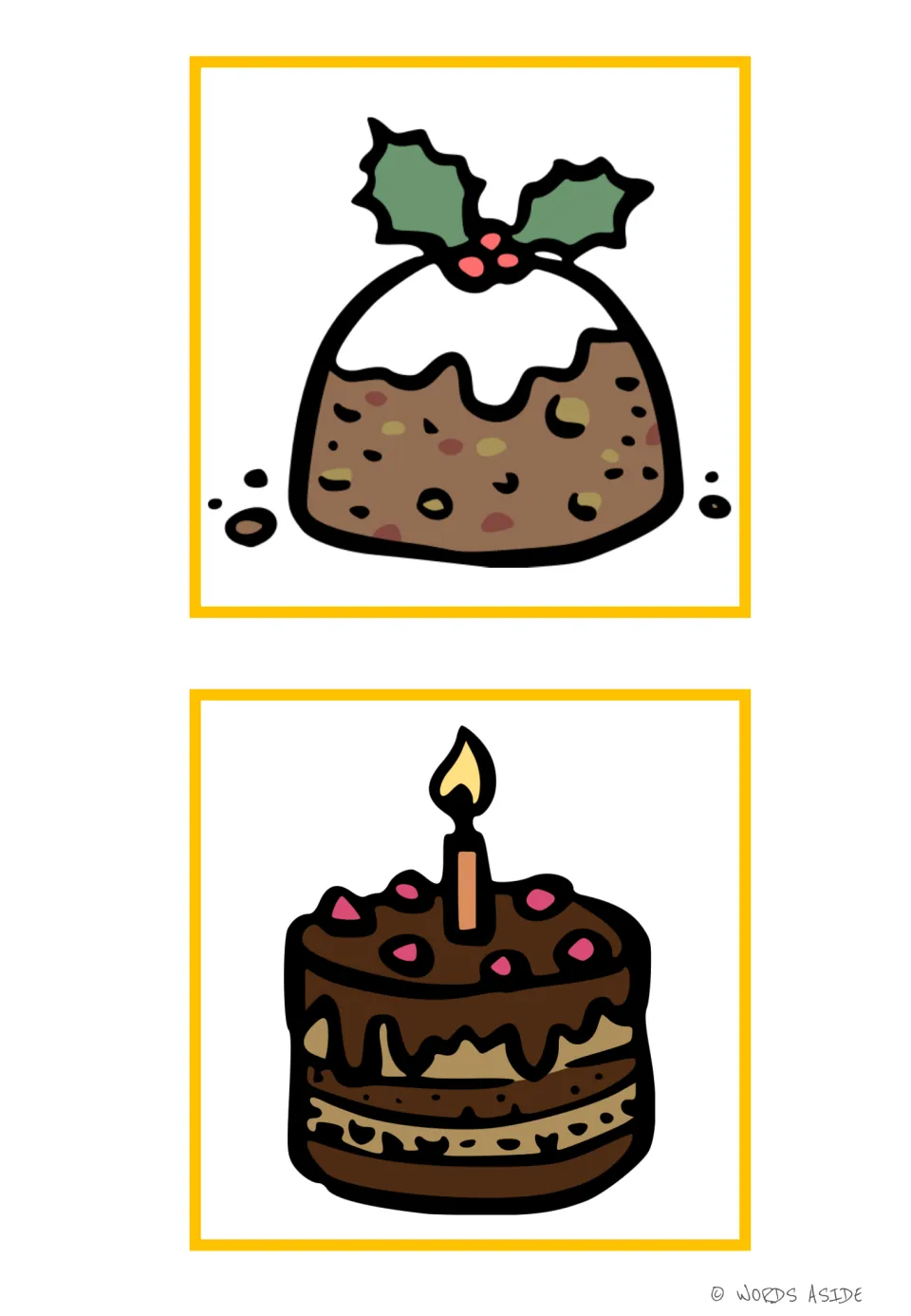 Sweets vocabulary picture cards 5–6 show a Christmas pudding and a layered cake topped with one candle.