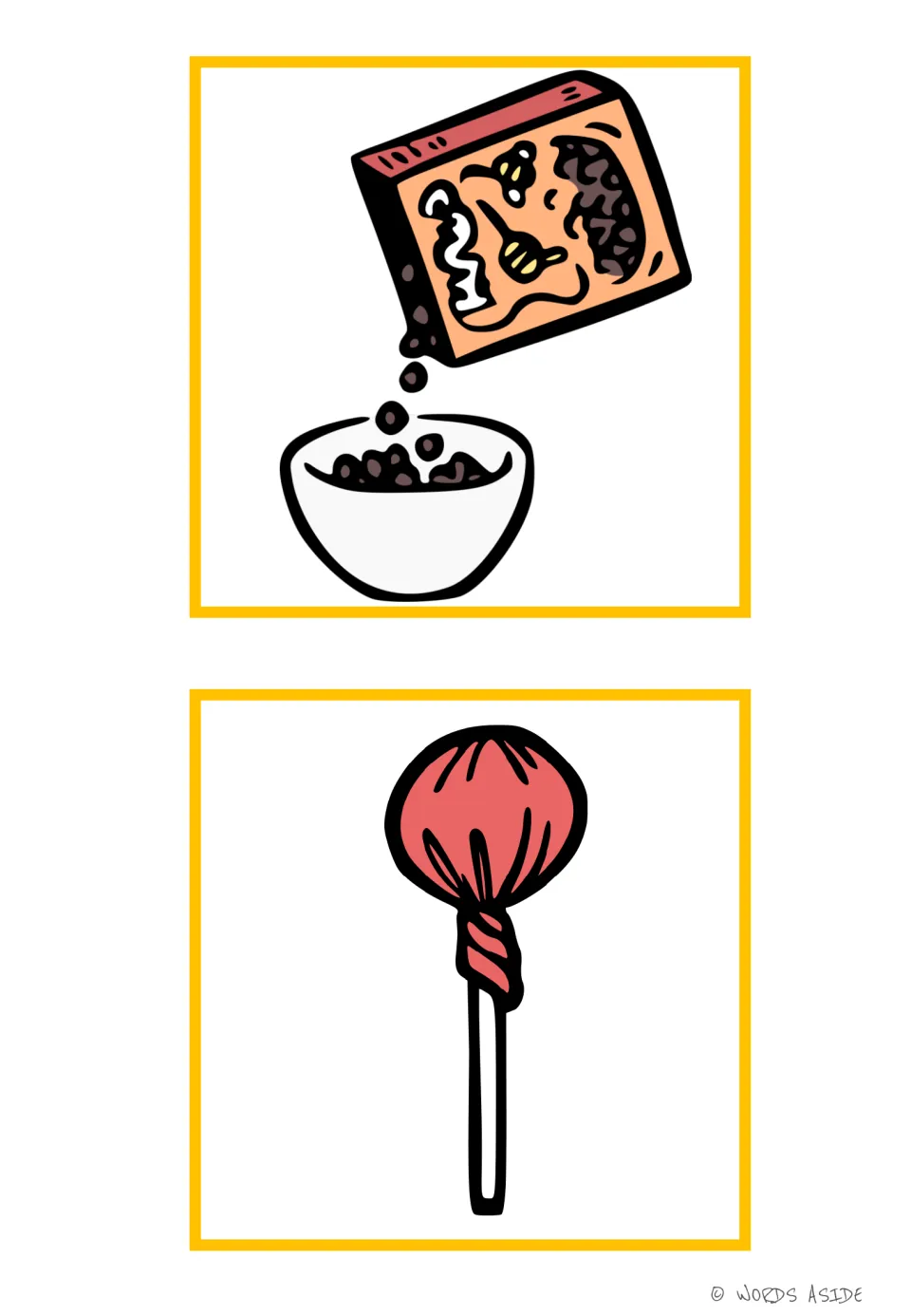Vocabulary picture cards 7–8 show cereal pouring from a box into a bowl and a lollipop in a red wrapper.