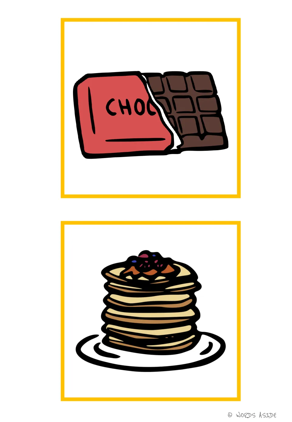 Sweets vocabulary picture cards 9–10 show a partially unwrapped chocolate bar and a stack of pancakes.