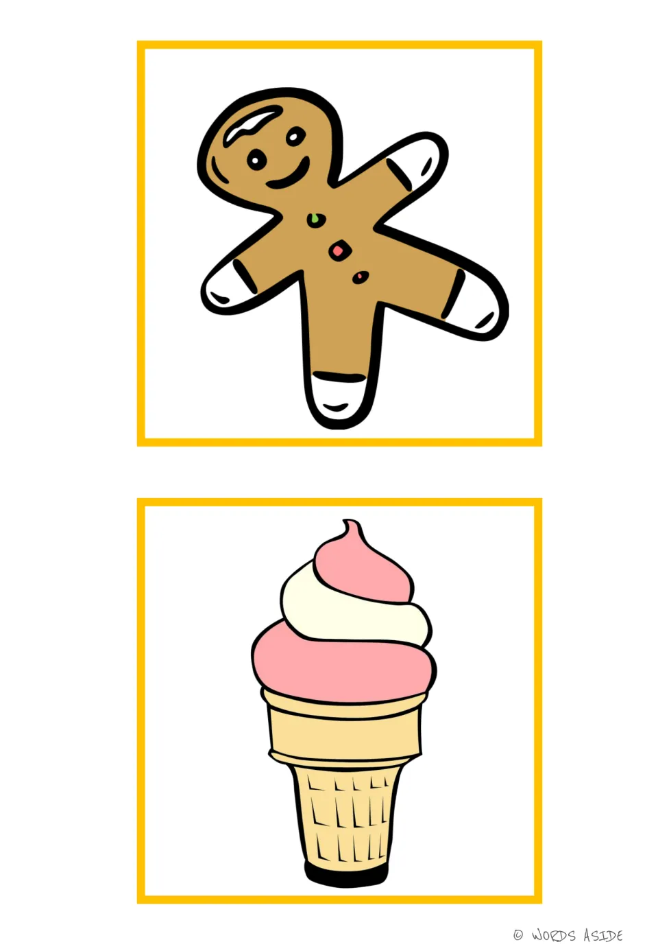 Sweets vocabulary picture cards 11–12 show a decorated gingerbread cookie and a pink and white ice cream cone.