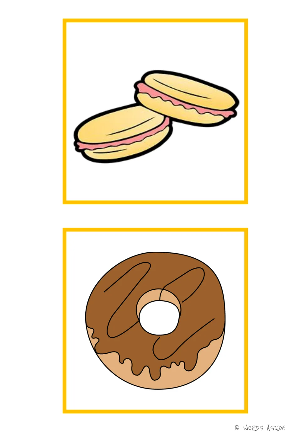 Sweets vocabulary picture cards 13–14 show two sandwich cookies with pink filling and a chocolate-frosted donut.
