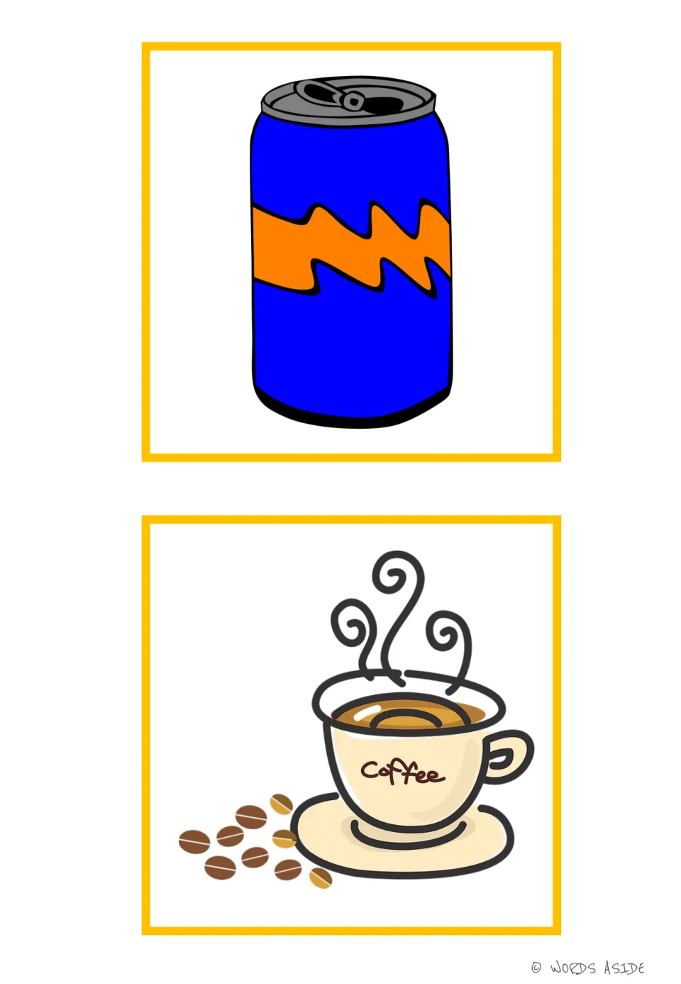 Drinks vocabulary picture cards 15–16 show a beverage can and a steaming cup labeled 'Coffee' beside coffee beans.