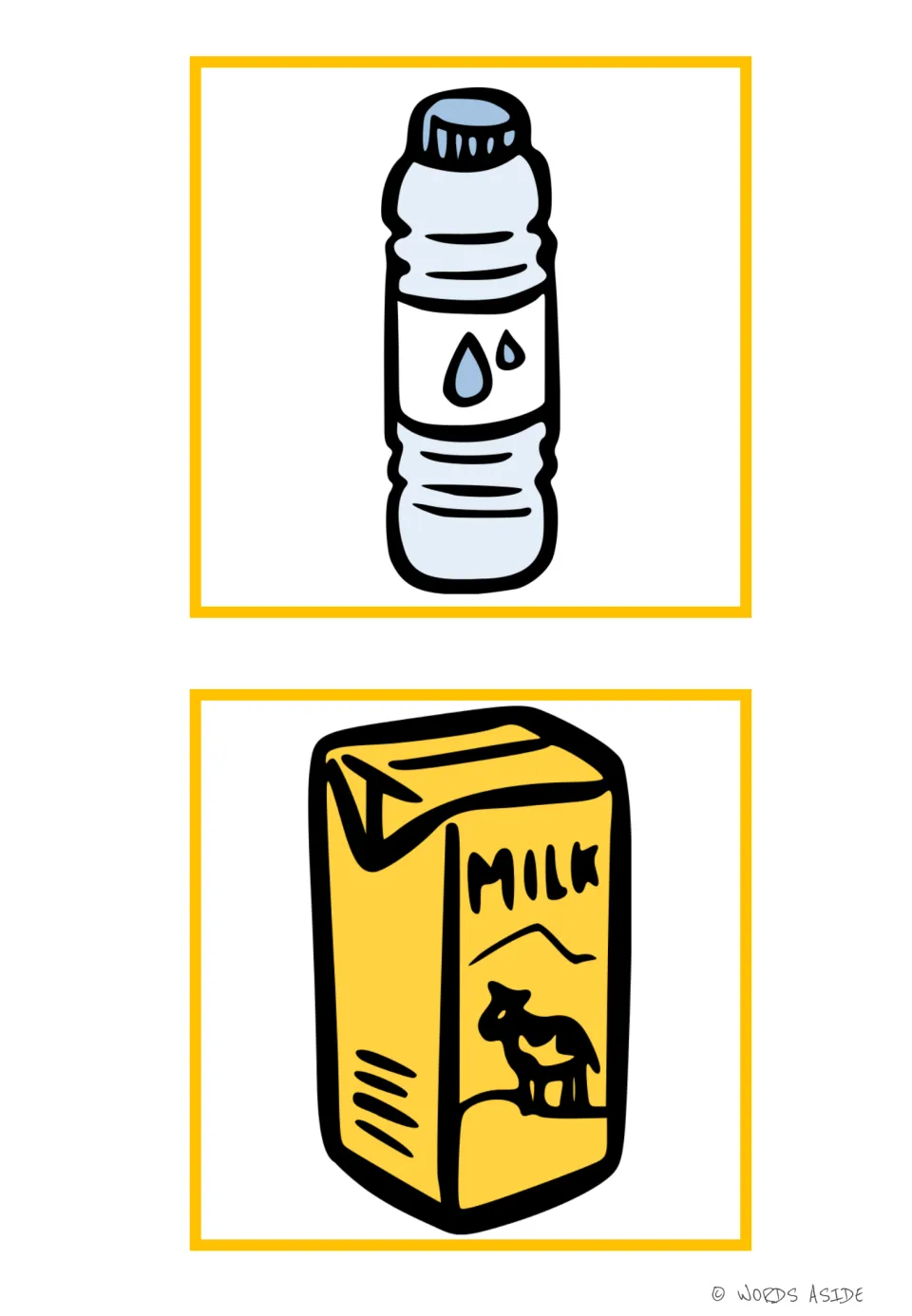 Drinks vocabulary picture cards 17–18 show a water bottle with water drops and a carton labeled 'Milk'.