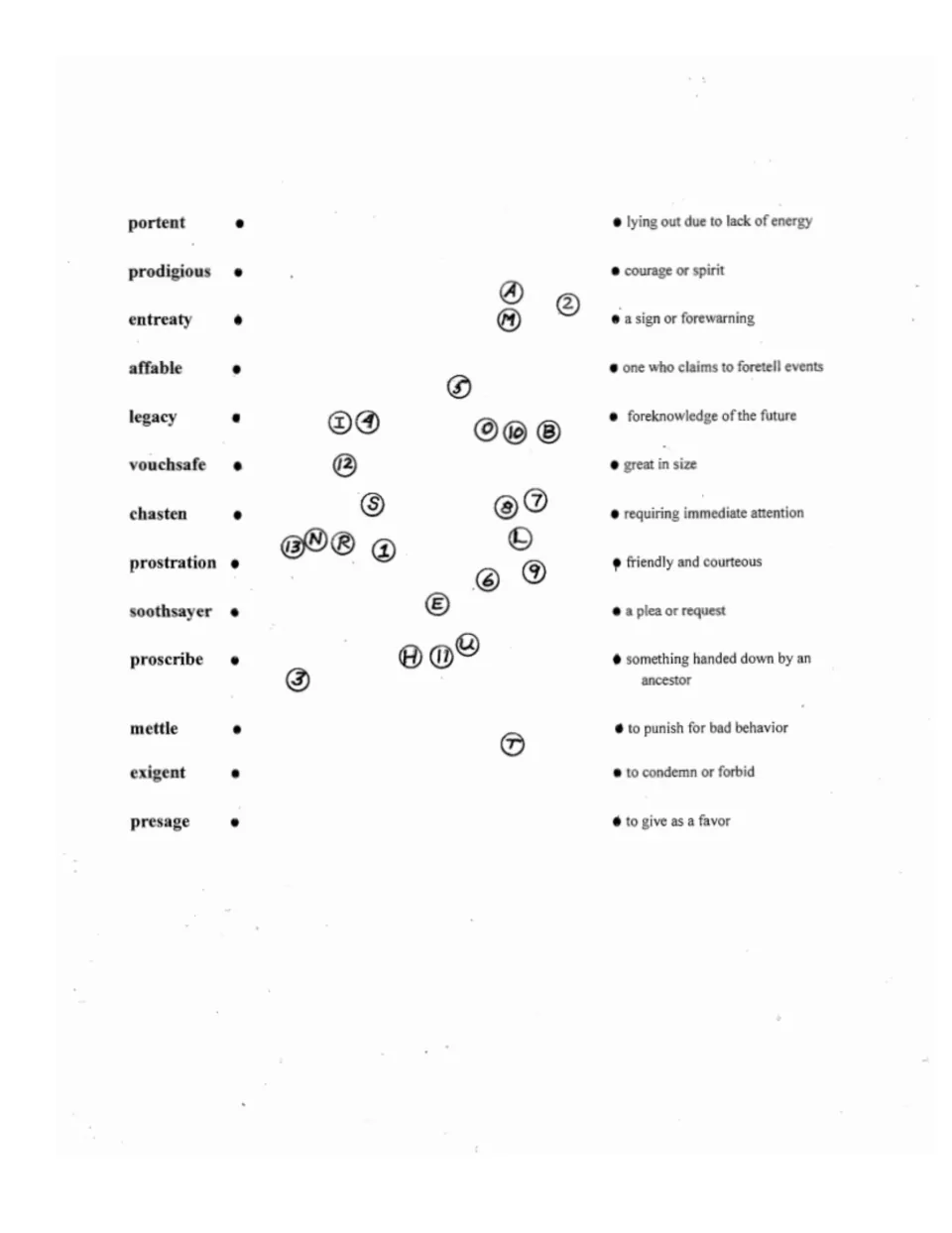 Vocabulary matching puzzle: portent, prodigious, entreaty, affable and nine more words with definitions.
