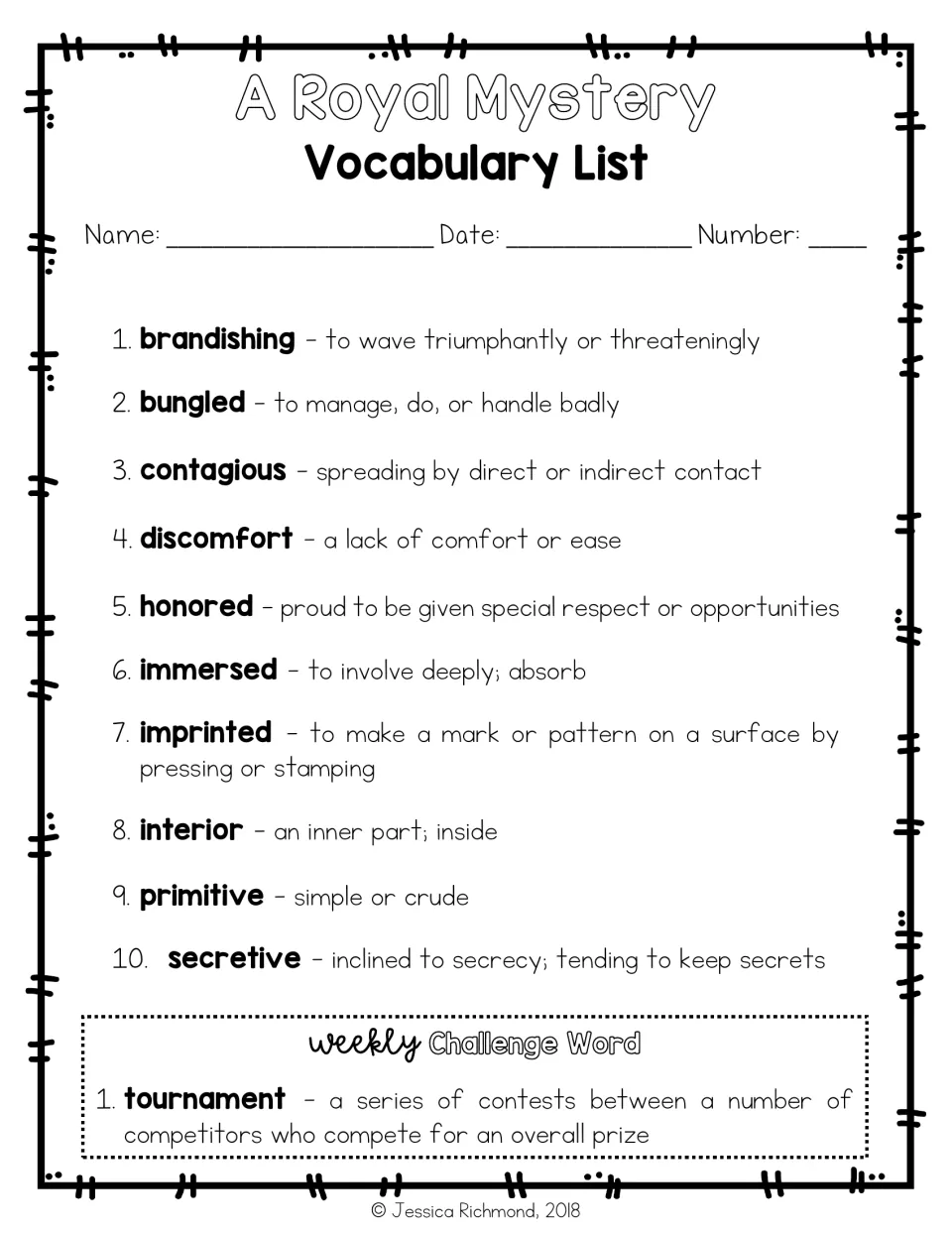 Vocabulary list defining 10 words, including brandishing, bungled, and contagious, plus the challenge word tournament
