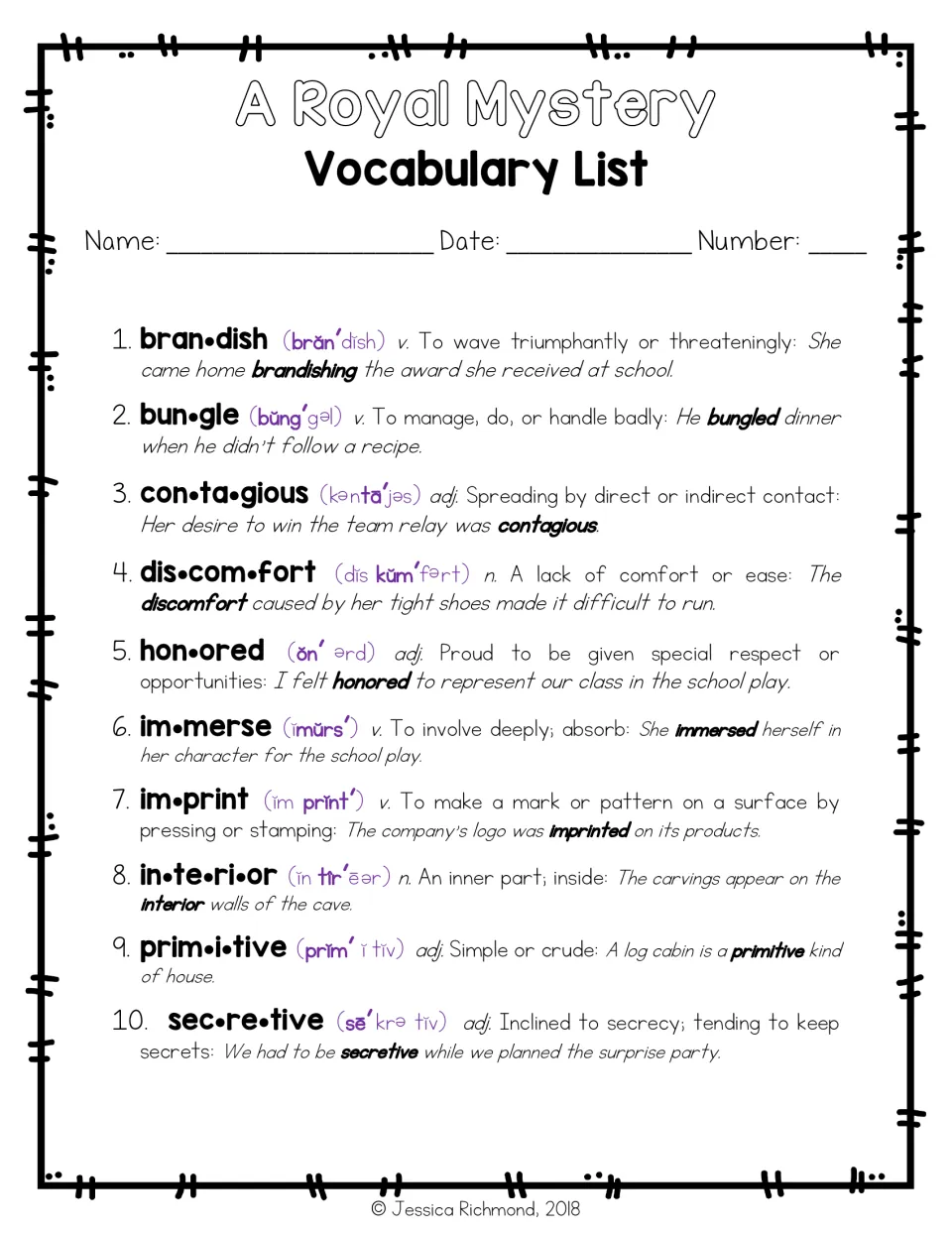 Vocabulary glossary for 10 words, from brandish to secretive, with pronunciations, parts of speech, and examples