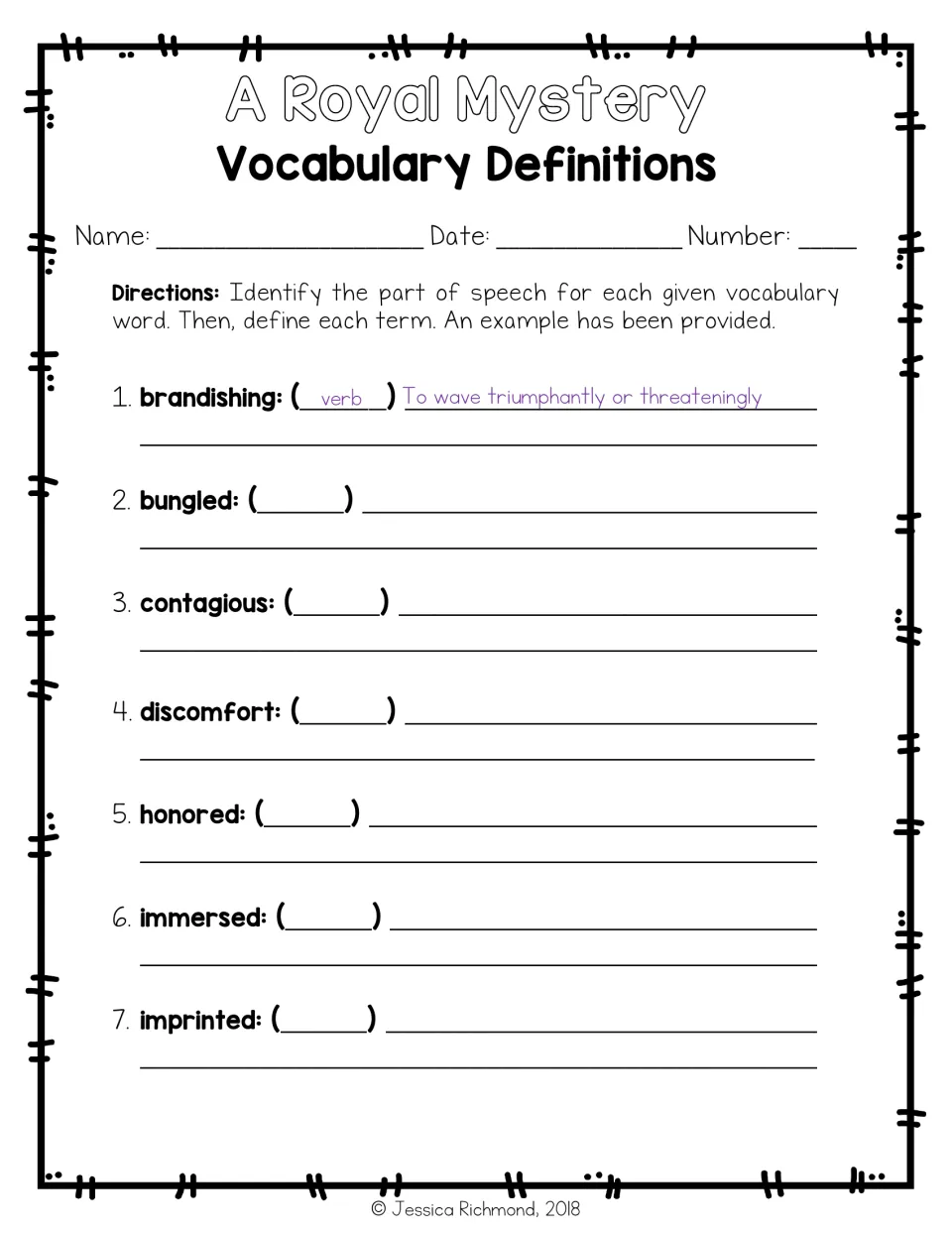 Definition practice for vocabulary words 1–7 asks for parts of speech and meanings, with brandishing modeled