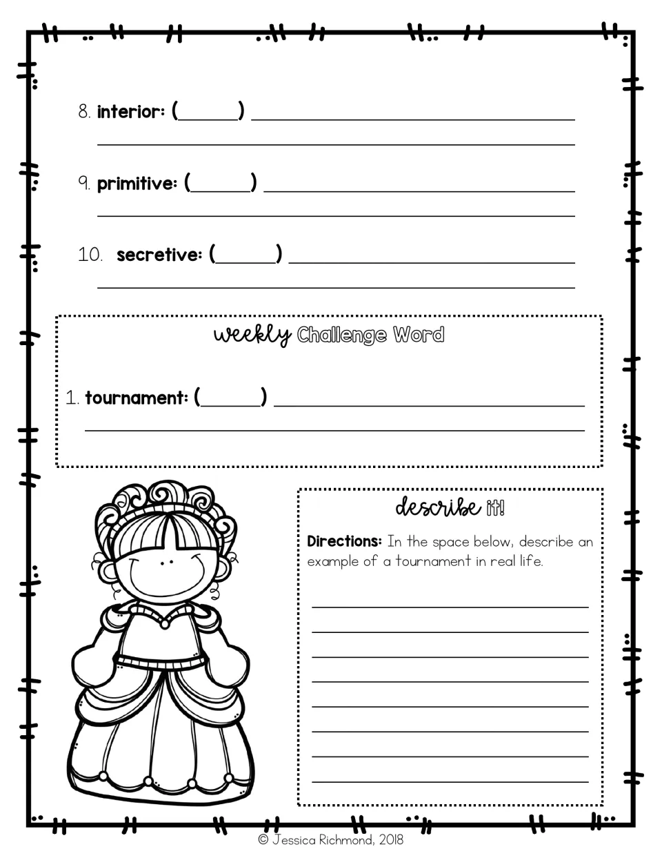 Definition practice continues with interior, primitive, secretive, and tournament, plus a real-life tournament prompt