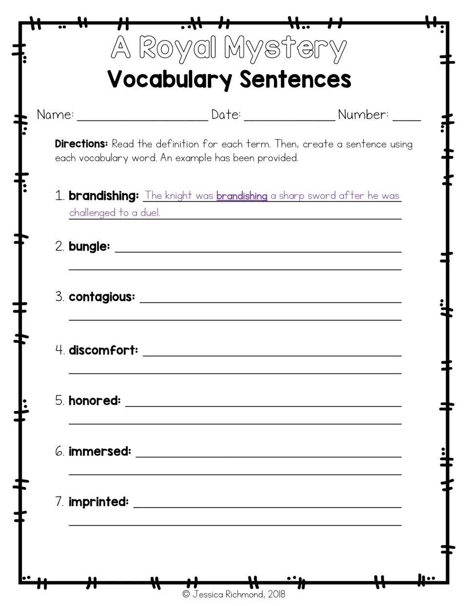 Sentence-writing practice for vocabulary words 1–7 includes a model sentence about a knight brandishing a sword