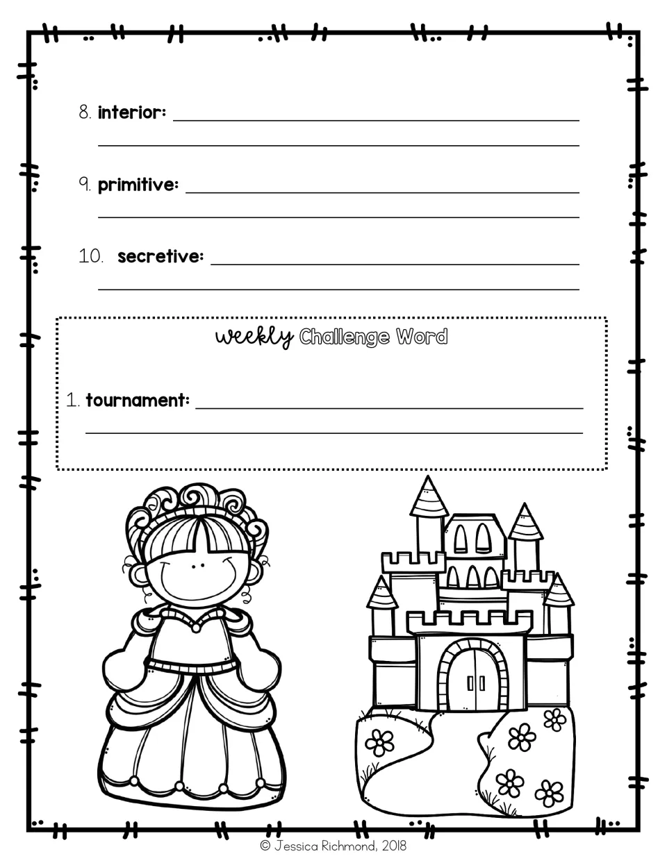 Sentence-writing practice continues with interior, primitive, and secretive, plus the challenge word tournament
