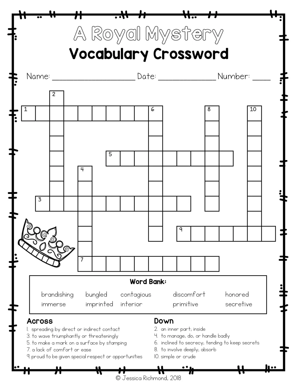 Vocabulary crossword uses definition clues and a 10-word bank including brandishing, bungled, contagious, and immerse