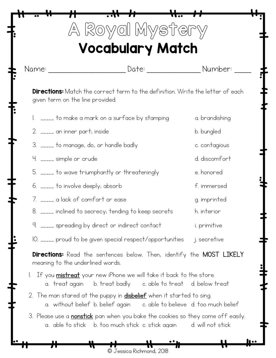 Vocabulary matching practice pairs 10 terms with definitions and asks about mistreat, disbelief, and nonstick