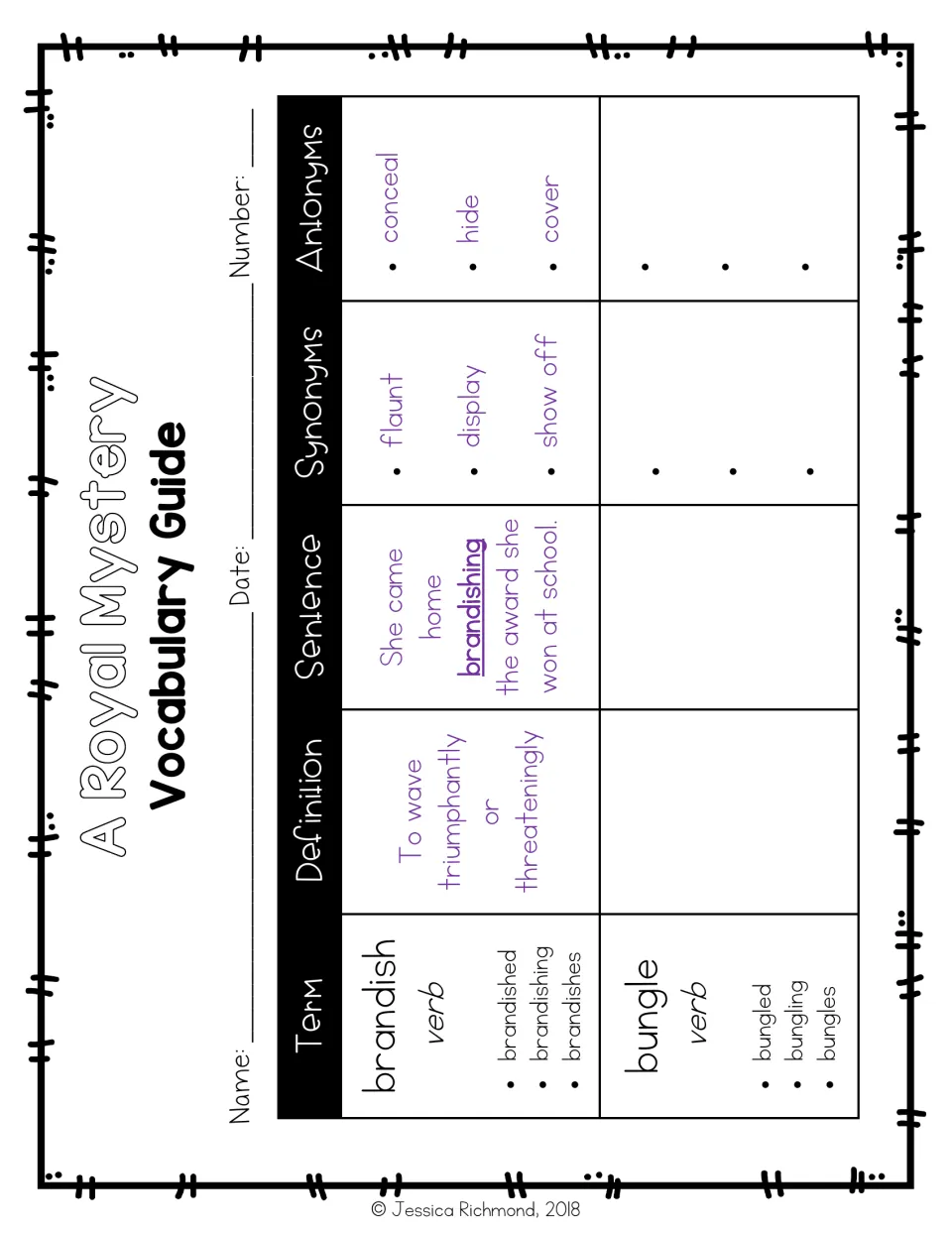 Vocabulary guide models brandish with a definition, sentence, synonyms, and antonyms, then leaves bungle for completion