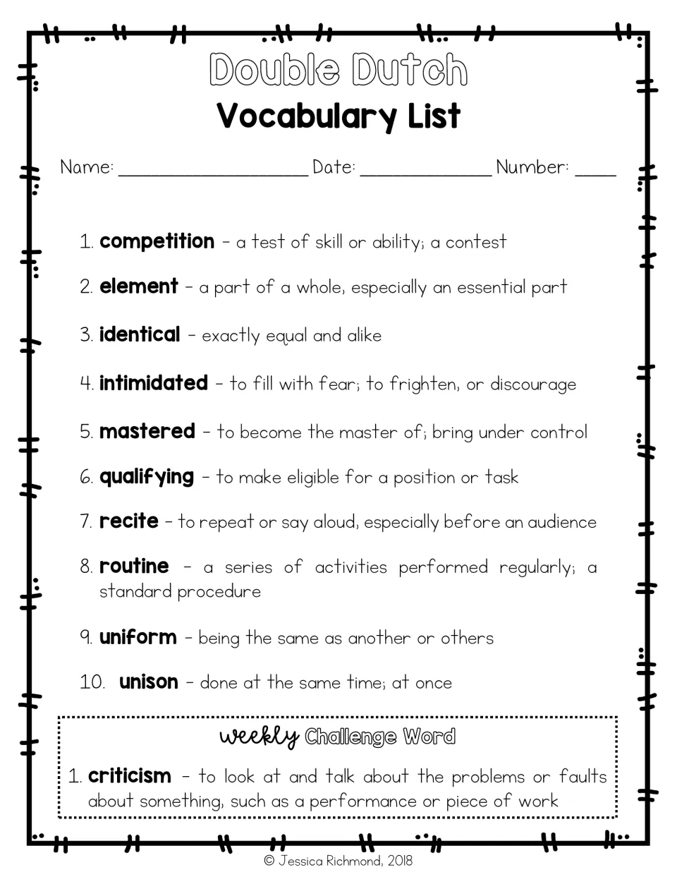 Vocabulary reference list defining 10 words, including competition and unison, plus the challenge word criticism