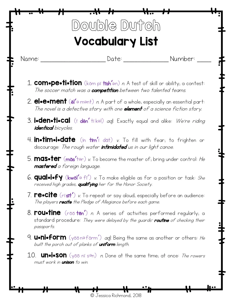 Expanded vocabulary list for 10 words, with syllables, pronunciations, parts of speech, and example sentences