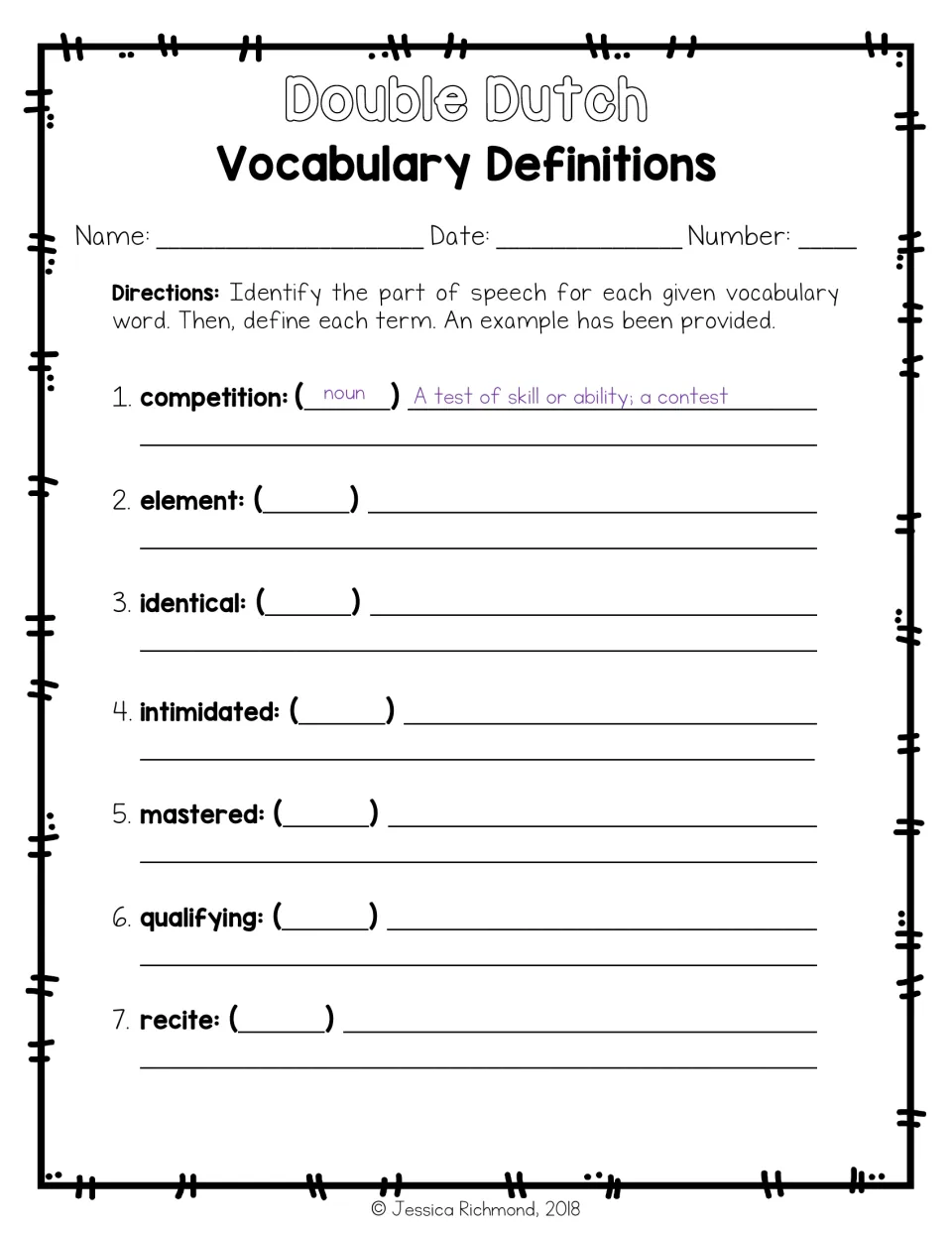 Definition practice for words 1–7, from competition to recite, asking for parts of speech and meanings
