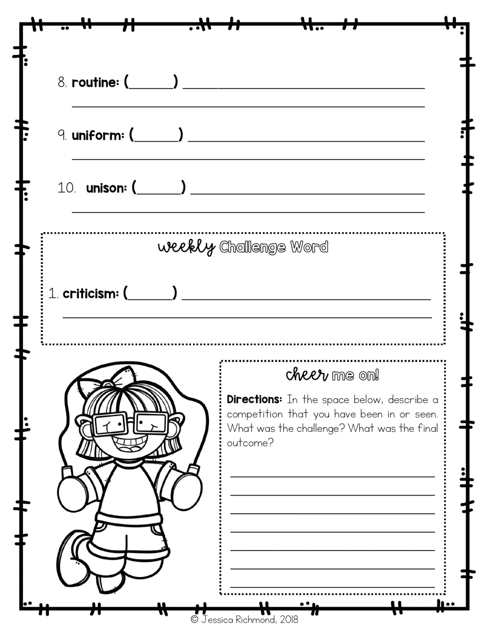 Definition practice for routine, uniform, unison, and criticism, plus a prompt about a competition and its outcome