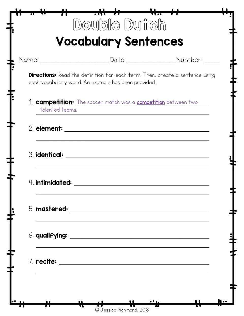 Sentence-writing practice for words 1–7, from competition to recite, with a soccer match example sentence