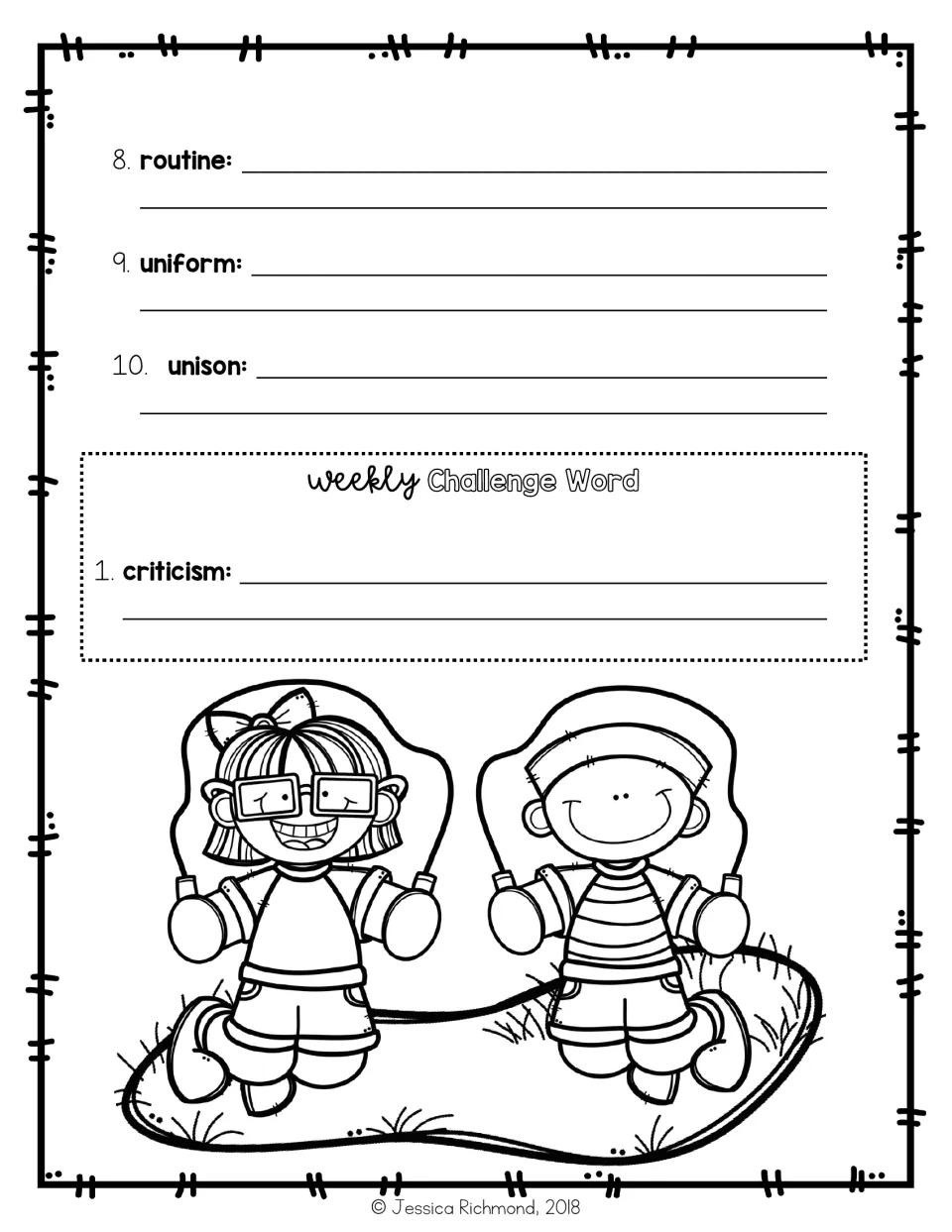 Sentence-writing continuation for routine, uniform, and unison, plus the weekly challenge word criticism