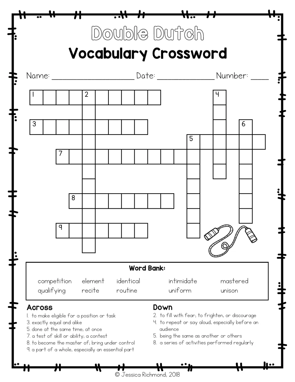Vocabulary crossword using definition clues and a 10-word bank including qualifying, identical, and unison