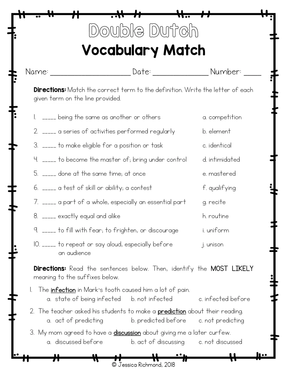 Vocabulary matching for 10 terms, followed by three suffix questions using infection, prediction, and discussion