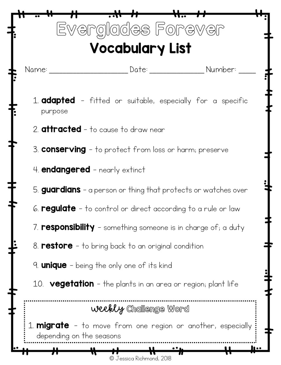 Vocabulary list of 10 words from adapted to vegetation with short definitions, plus migrate as the weekly challenge word