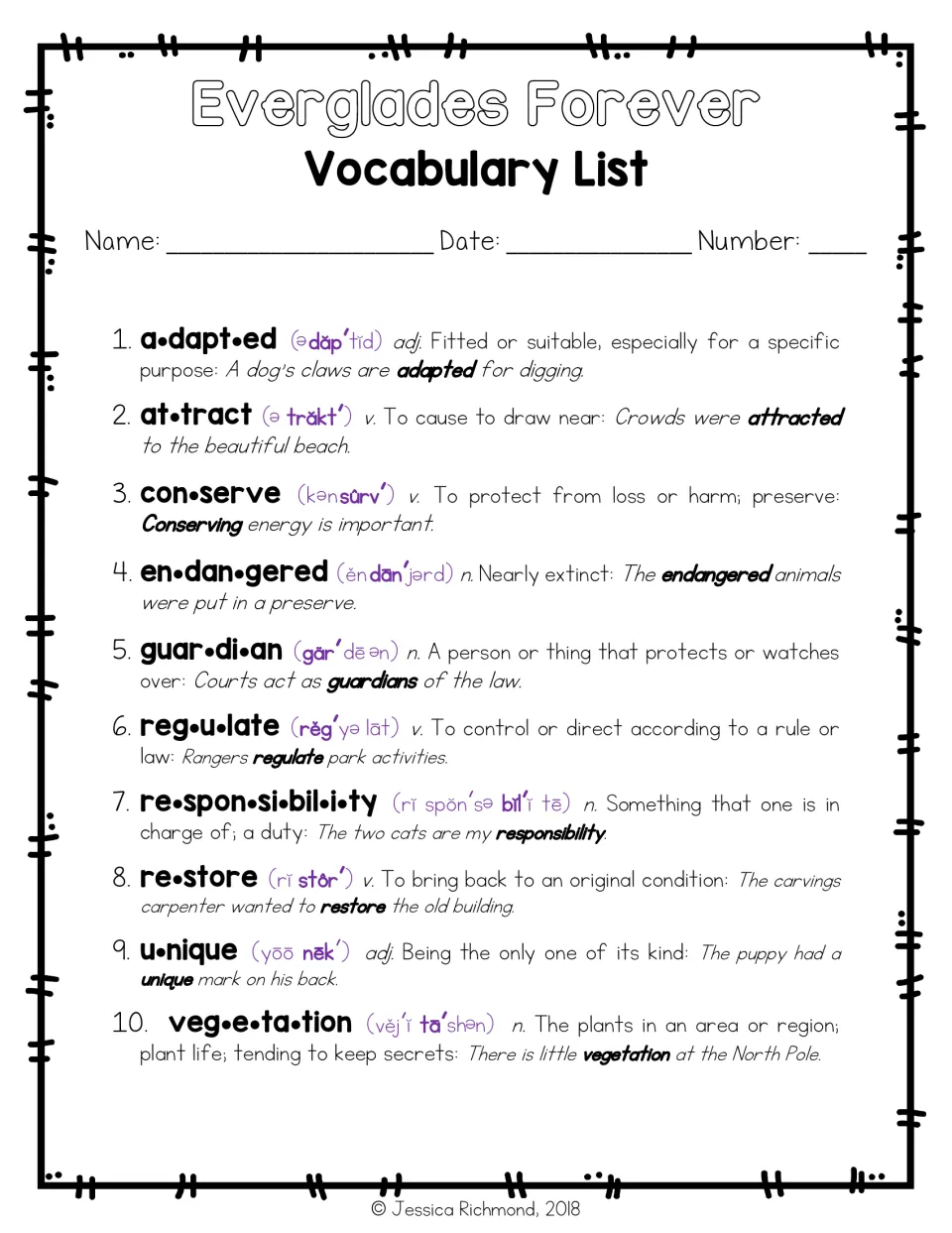Dictionary-style word list: each term shown with syllable breaks, pronunciation, part of speech and an example sentence