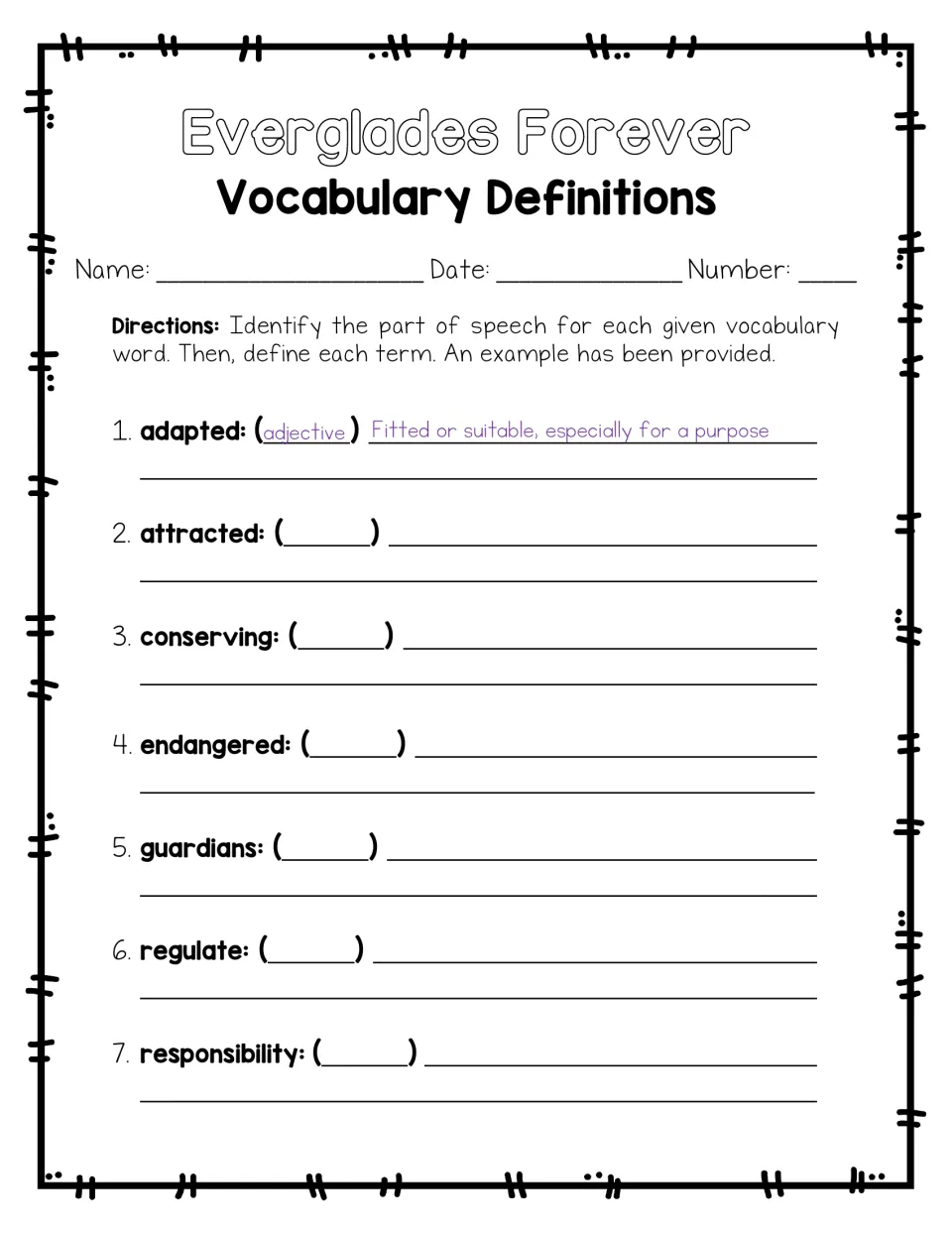 Vocabulary definitions, words 1-7: students write each word's part of speech and definition; adapted is done as an example