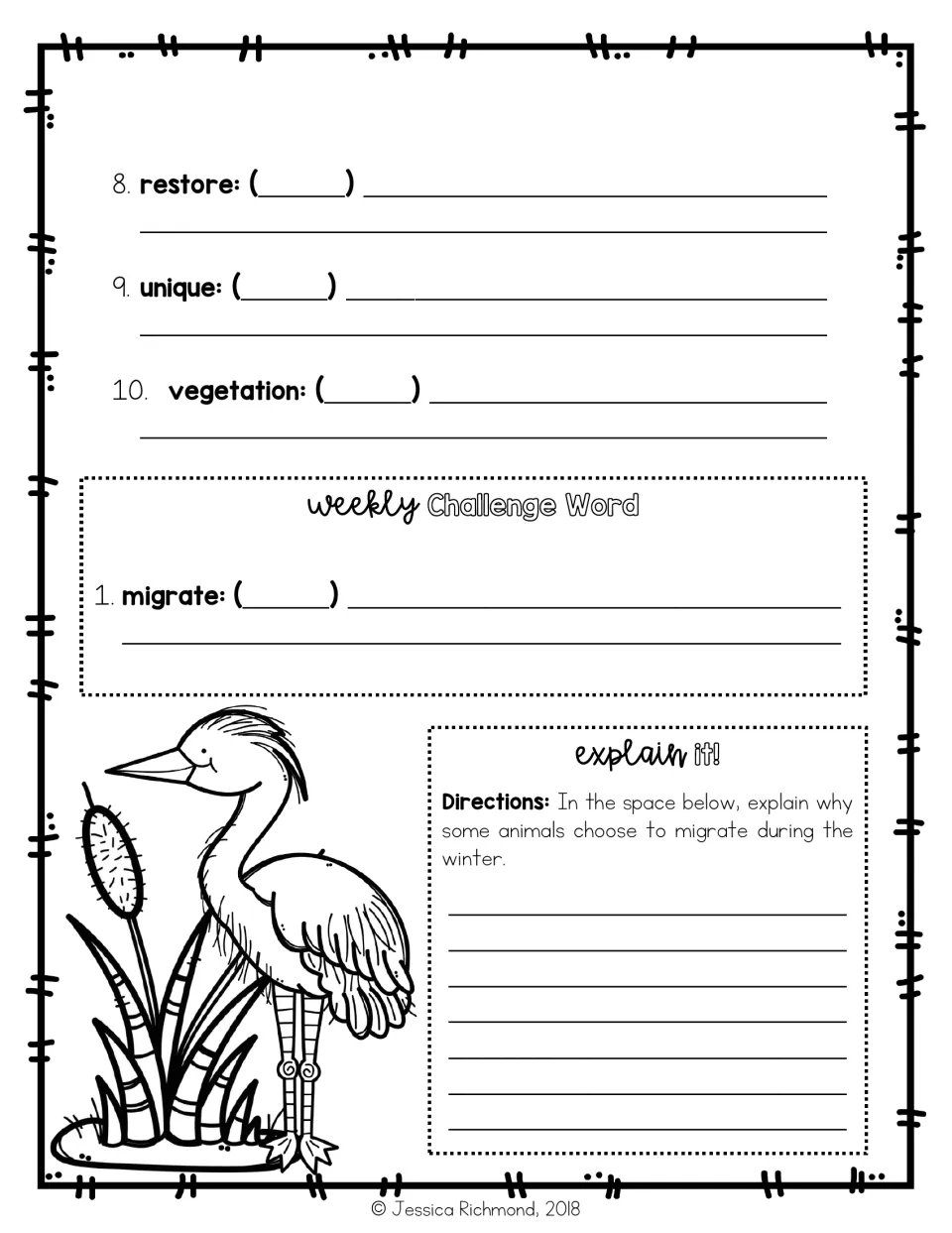 Definitions continued for restore, unique, vegetation and challenge word migrate, then a short write on why animals migrate