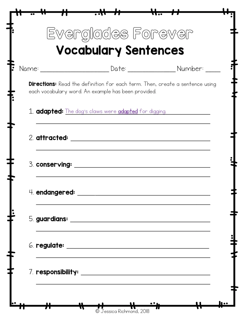Vocabulary sentences, words 1-7: students write an original sentence using each word, with a model sentence for adapted