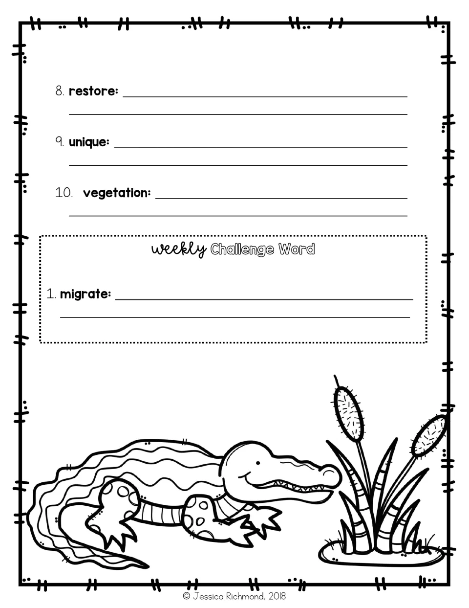 Sentence writing continued: students use restore, unique, vegetation and challenge word migrate in their own sentences