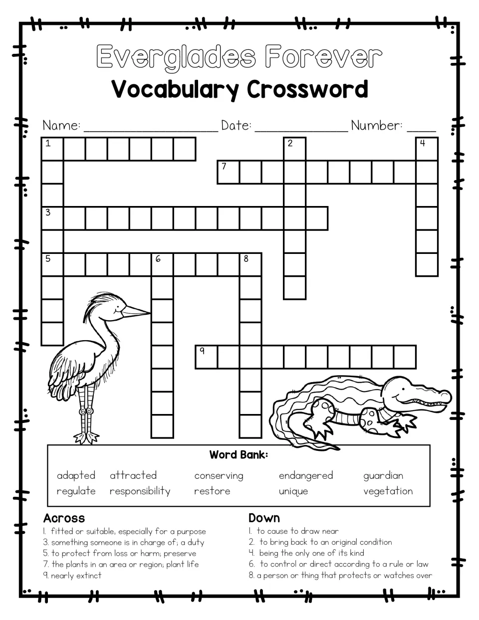 Vocabulary crossword: students solve 5 across and 5 down clues from the definitions using a 10-word word bank
