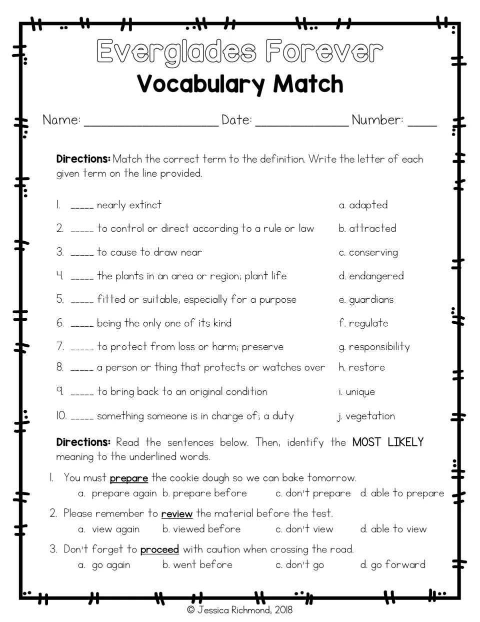 Vocabulary match: students match 10 definitions to lettered terms, then choose meanings of prepare, review and proceed
