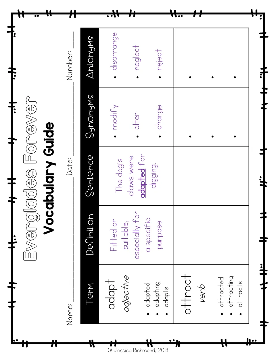 Vocabulary guide chart: for adapt and attract, students record definition, sentence, synonyms and antonyms; adapt is modeled
