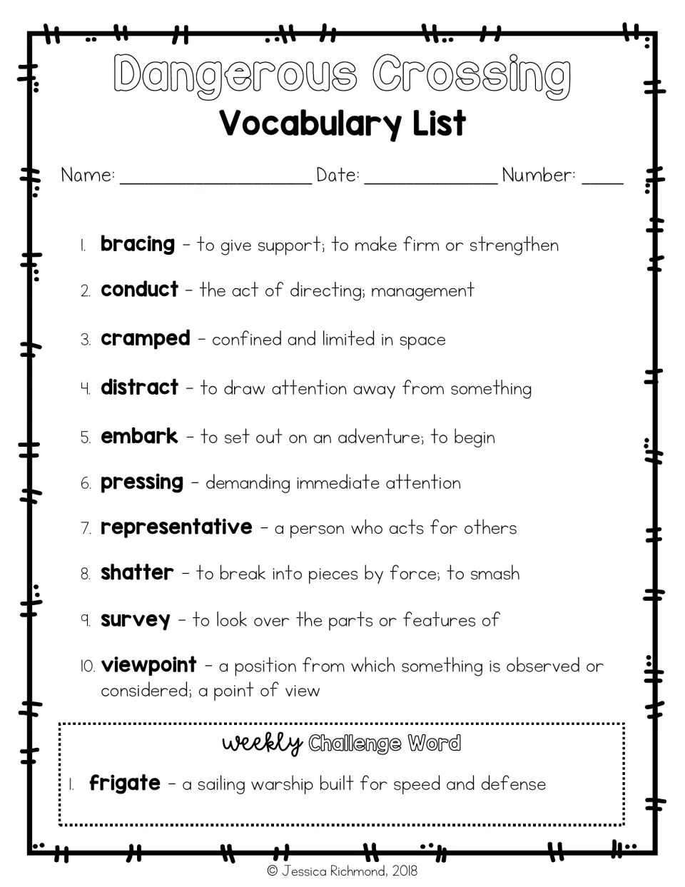 Dangerous Crossing vocabulary list: 10 words from bracing to viewpoint with definitions, plus challenge word frigate