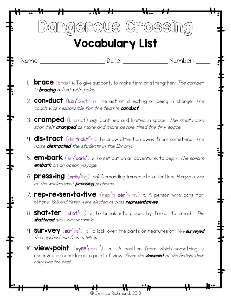 Dictionary-style word list: 10 words with pronunciation, part of speech, definition and an example sentence